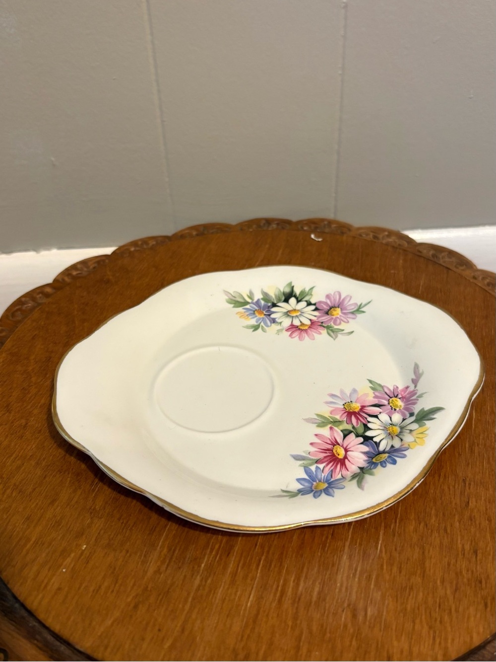 Vintage Royal Stewart Floral White Tea Saucer with Gold Trim